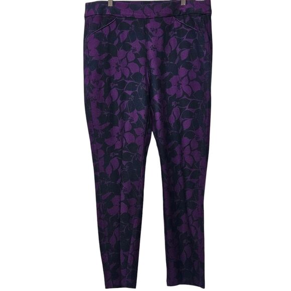 Chicos Travelers Pants Crepe Floral Straight Leg Pull On Sz 2R 12R Purple Travel - Picture 2 of 15